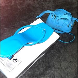 Women Fashion Square Toe Kitten Strappy mid heels w/ Mini Drawstring bag